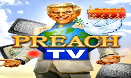 Tampilan layar utama slot Preach TV dengan nuansa studio televisi retro.